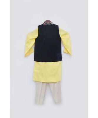 Blue Velvet Embroidered Jacket With Yellow Kurta Set For Boys 3