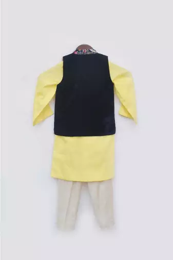 Blue Velvet Embroidered Jacket With Yellow Kurta Set For Boys