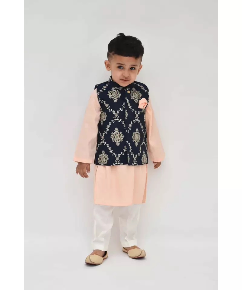Dark Blue Rubber Print Jacket with pink Kurta and Pant