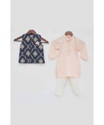 Dark Blue Rubber Print Jacket with pink Kurta and Pant 4