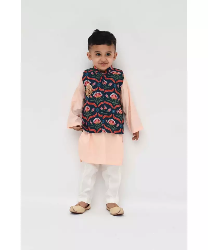Green Floral Print Jacket with pink Kurta and Pant