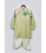 Green Kurta with Peacock Motif and Dhoti Set