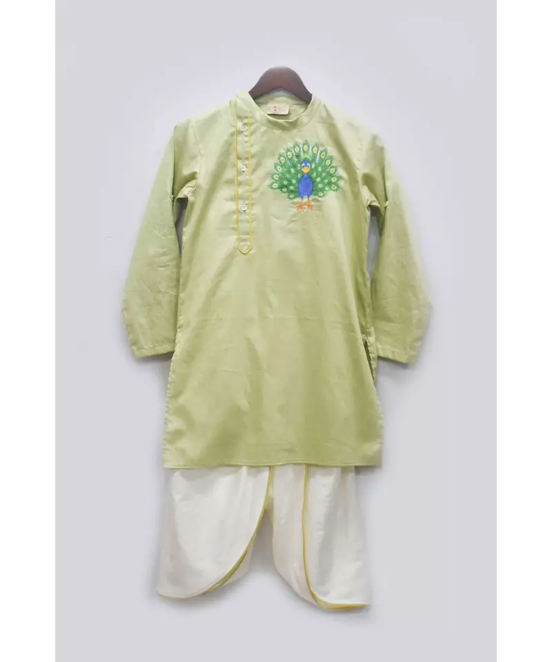 Green Kurta with Peacock Motif and Dhoti Set