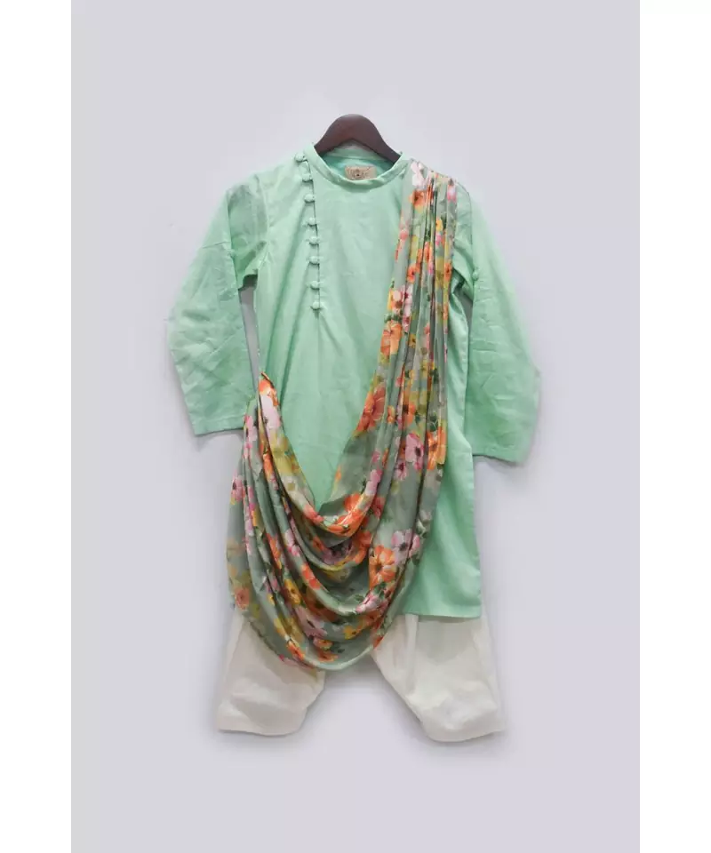 Green Kurta with Printed Drape and Salwar Set