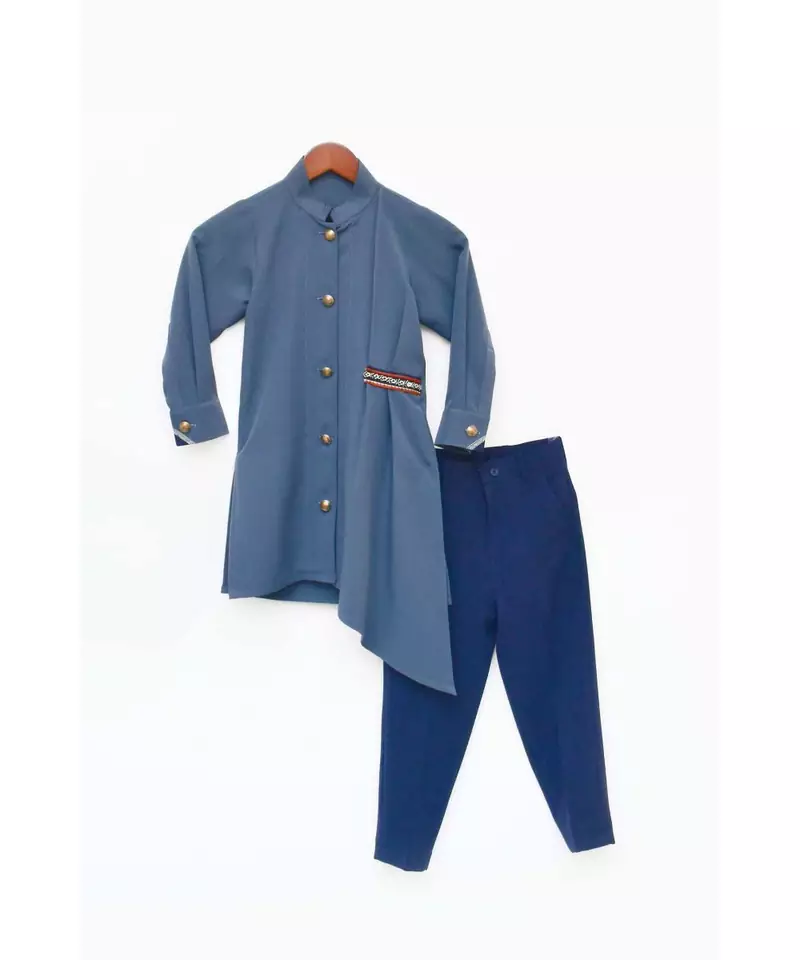 Grey Asymmetrical Kurta with Blue Pant Set