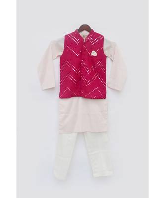 Hot Pink Mirror Work Jacket With Kurta Set For Boys 2