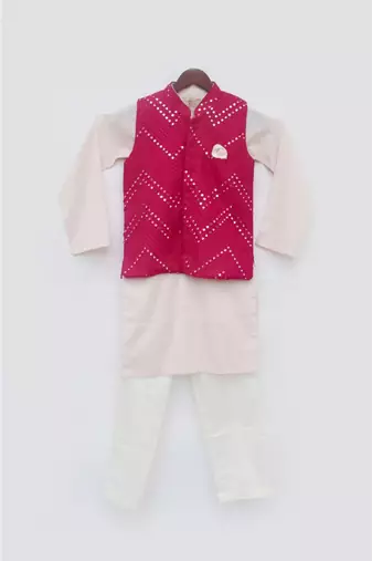 Hot Pink Mirror Work Jacket With Kurta Set For Boys