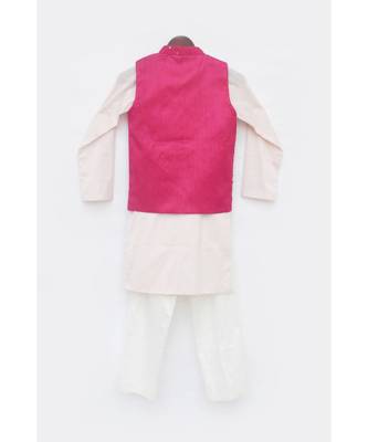 Hot Pink Mirror Work Jacket With Kurta Set For Boys 3