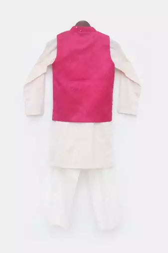 Hot Pink Mirror Work Jacket With Kurta Set For Boys