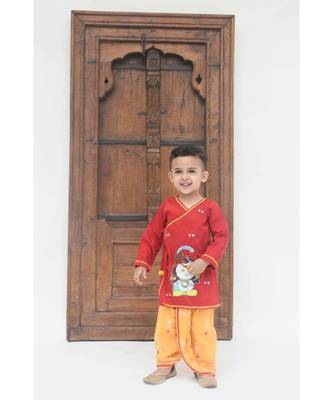 Red Cotton Silk Kurta With Golden Embroidery And Off White Pant 2