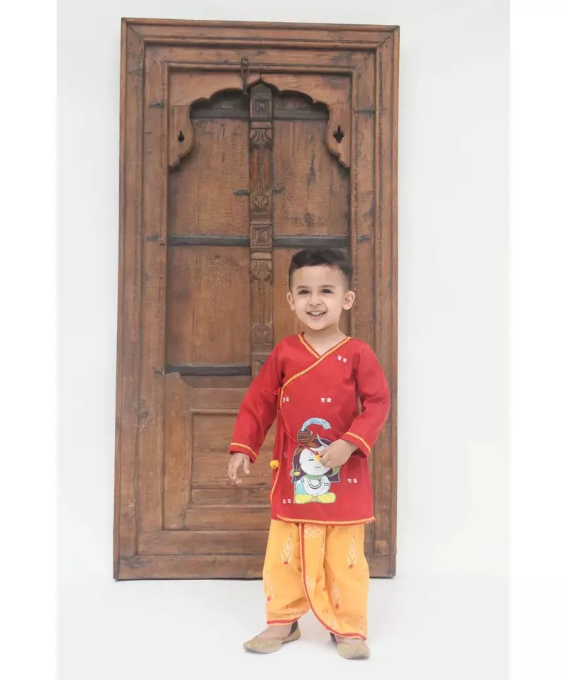 Red Silk Kurta with Yellow Printed Dhoti