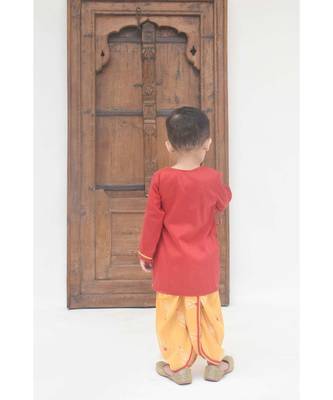 Red Cotton Silk Kurta With Golden Embroidery And Off White Pant 3