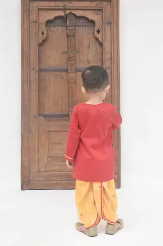 Red Cotton Silk Kurta With Golden Embroidery And Off White Pant