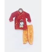 Red Cotton Silk Kurta With Golden Embroidery And Off White Pant