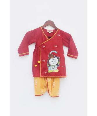 Red Cotton Silk Kurta With Golden Embroidery And Off White Pant 4