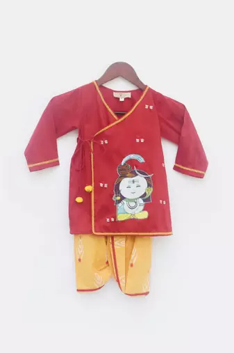 Red Cotton Silk Kurta With Golden Embroidery And Off White Pant