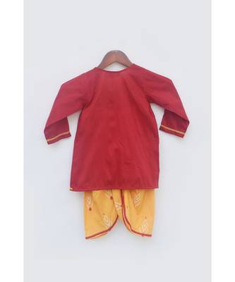 Red Cotton Silk Kurta With Golden Embroidery And Off White Pant 5