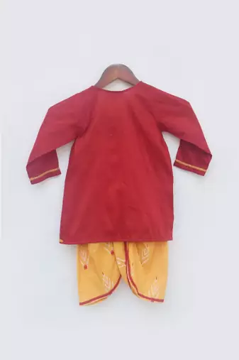 Red Cotton Silk Kurta With Golden Embroidery And Off White Pant
