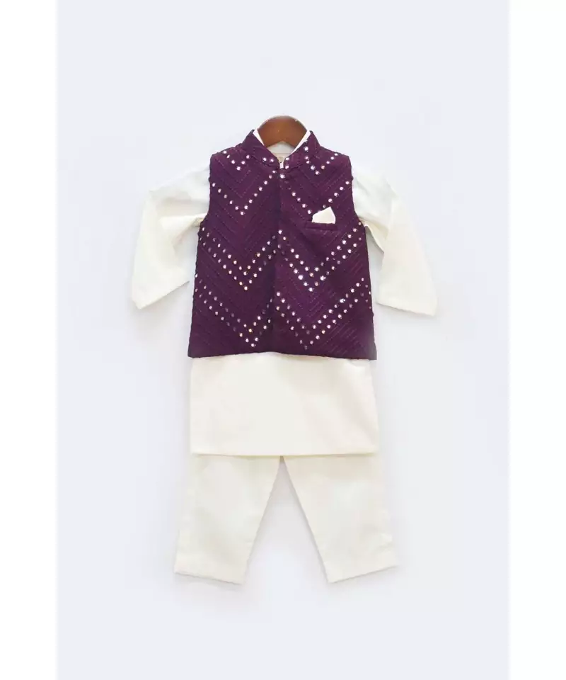 Wine Mirror Work Jacket with Kurta Pant