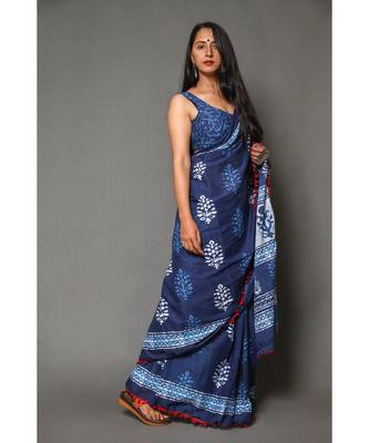  Blue Cotton Multicolor Printed Saree 1