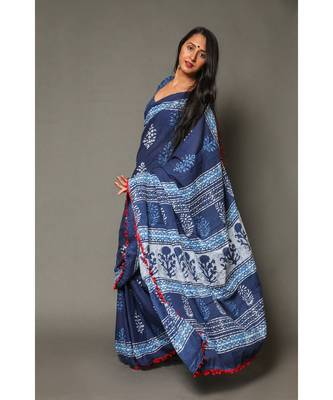  Blue Cotton Multicolor Printed Saree 2