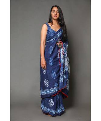  Blue Cotton Multicolor Printed Saree 3