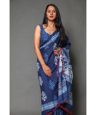  Blue Cotton Multicolor Printed Saree 4