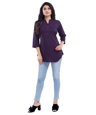 Elementary Blue and Red Striped Polyester Crepe Short kurti kurti for Women 1