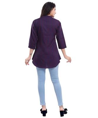 Elementary Blue and Red Striped Polyester Crepe Short kurti kurti for Women 2