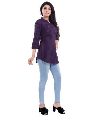 Elementary Blue and Red Striped Polyester Crepe Short kurti kurti for Women 3