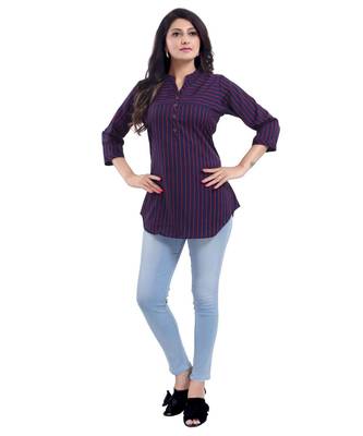 Elementary Blue and Red Striped Polyester Crepe Short kurti kurti for Women 4