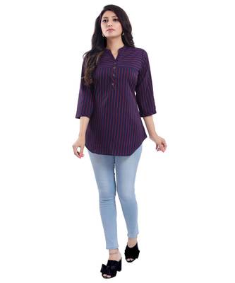 Elementary Blue and Red Striped Polyester Crepe Short kurti kurti for Women 5