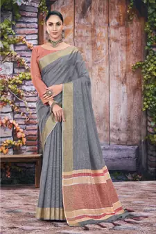 Grey Linen Woven Work Traditional Tassle Saree