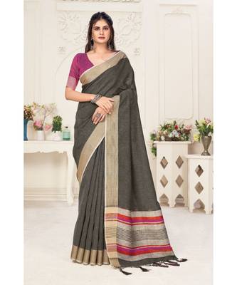 Black Linen Wover Work Traditional Tassle Saree 1