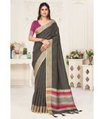 Black Linen Wover Work Traditional Tassle Saree