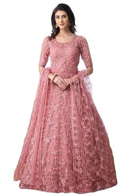 Pink Embroidered Net Semi Stitched Gown 1