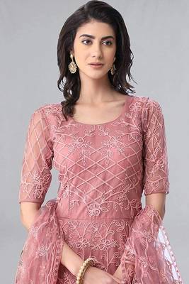 Pink Embroidered Net Semi Stitched Gown 2