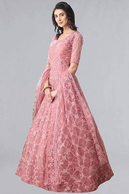 Pink Embroidered Net Semi Stitched Gown 3