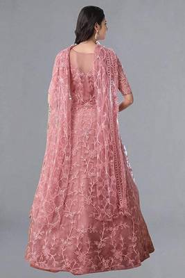 Pink Embroidered Net Semi Stitched Gown 4