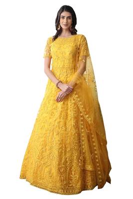 Yellow Thread Embroidery Net Salwar Semi Stitched 1