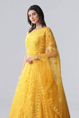 Yellow Thread Embroidery Net Salwar Semi Stitched 2
