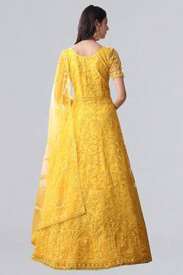 Yellow Thread Embroidery Net Salwar Semi Stitched 3