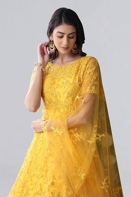 Yellow Thread Embroidery Net Salwar Semi Stitched 4