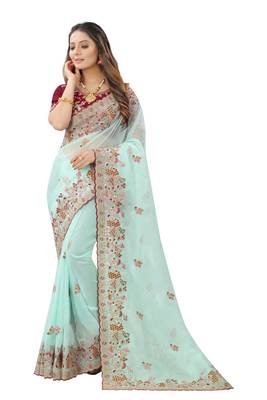 Sky blue embroidered organza saree with blouse 1