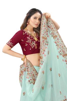 Sky blue embroidered organza saree with blouse 2