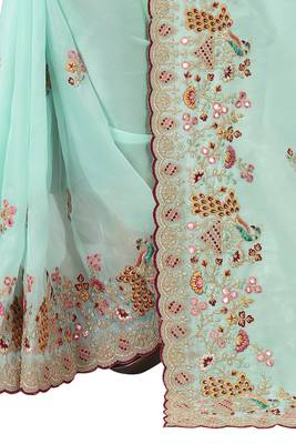 Sky blue embroidered organza saree with blouse 3