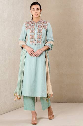 Band Collar Neck 3/4 Sleeves Embroidered Kurta With Pants And Dupatta