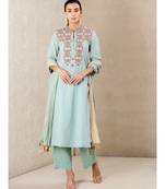 Band Collar Neck 3/4 Sleeves Embroidered Kurta With Pants And Dupatta