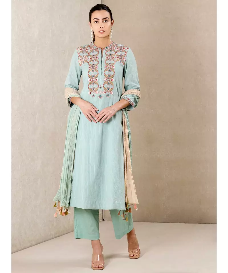 Band Collar Neck 3/4 Sleeves Embroidered Kurta With Pants And Dupatta