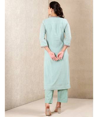 Band Collar Neck 3/4 Sleeves Embroidered Kurta With Pants And Dupatta 4